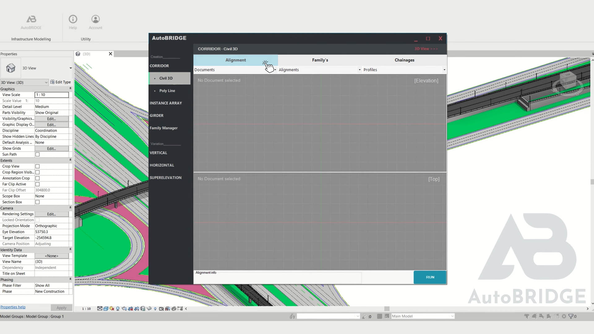 Alignment Tab - Selecting Alignment and Profile Information from Civil 3D