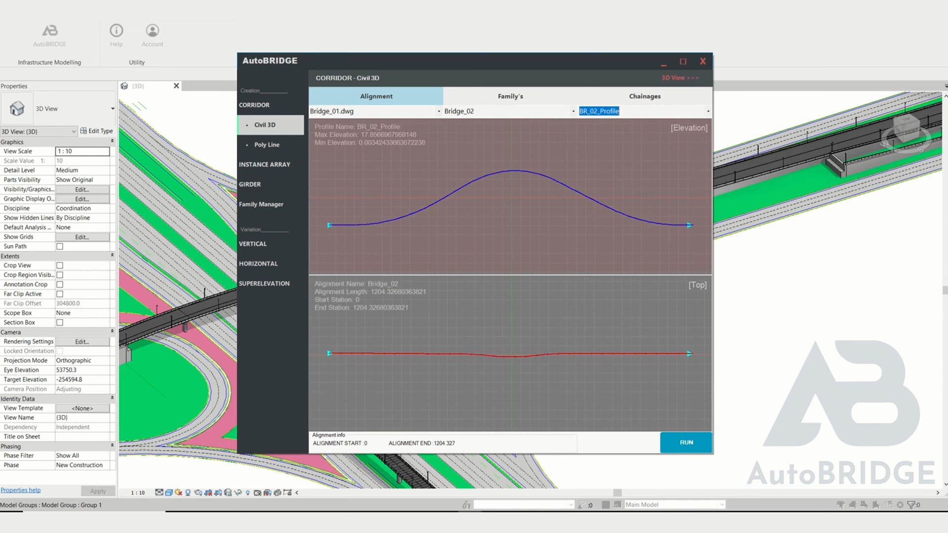 See the elevation and top preview of the 3D alignment and profile